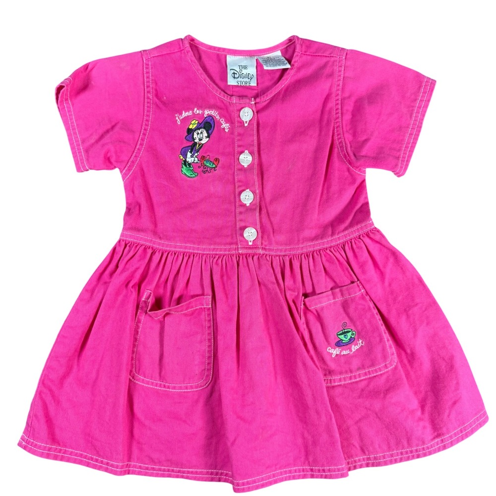 Disney Store Minnie Mouse Dress Girls 3T Pink Vintage French Cafe Embroidered